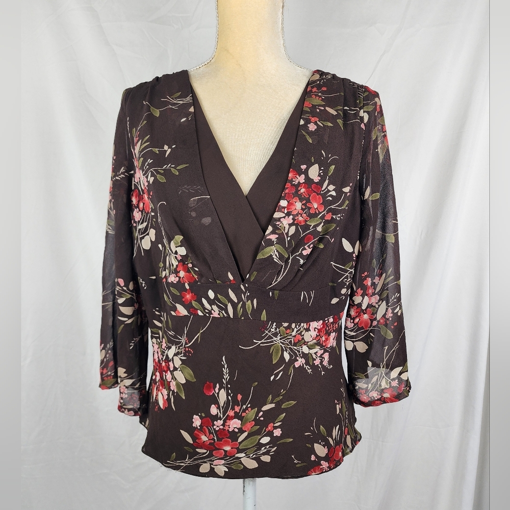 Ann Taylor Loft Floral Brown Sheer Silk V-Neck Bell Sleeve Women's Top sz 14